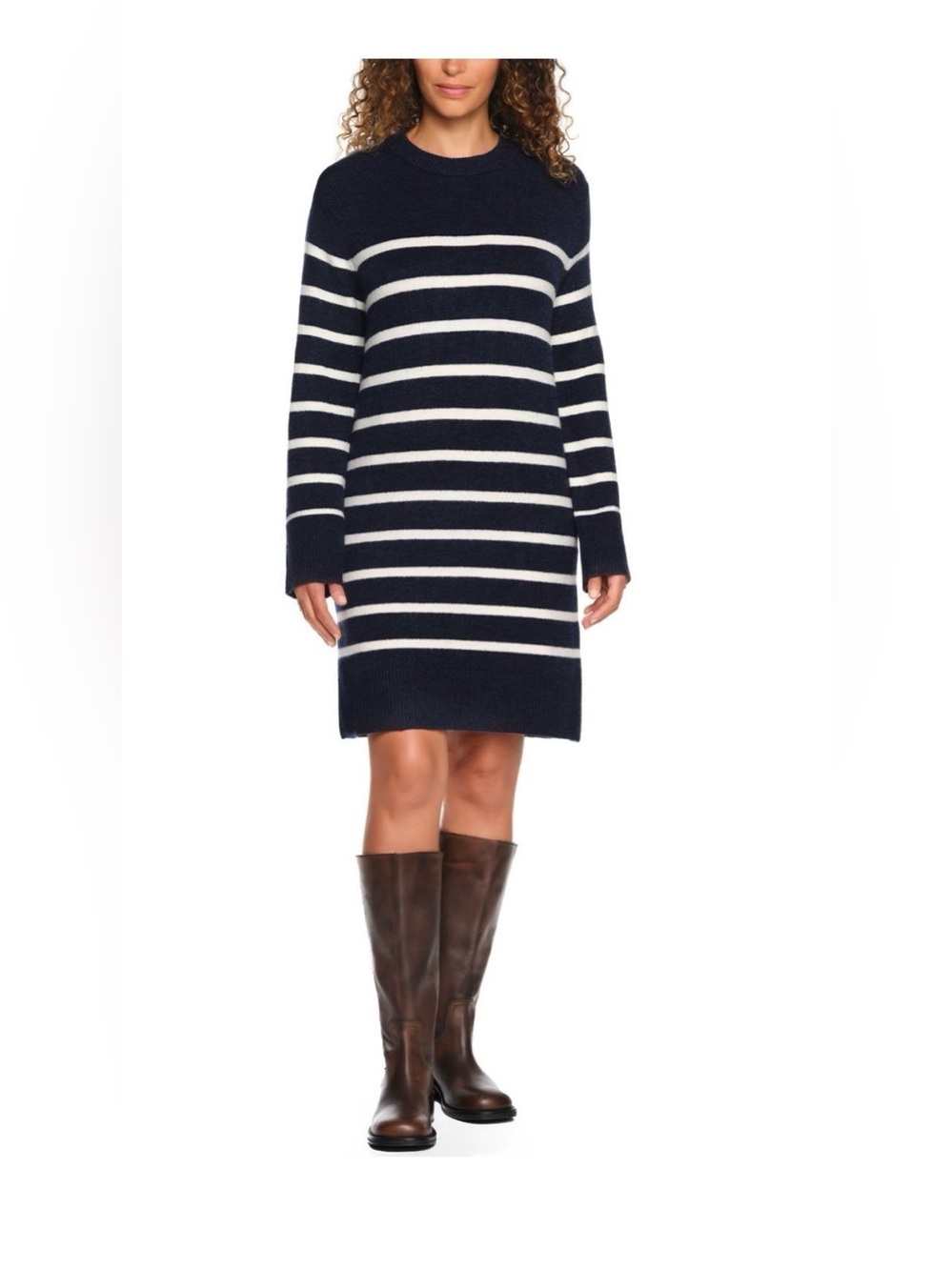 Lands' End Navy & White Striped Long Sleeve Knit Dress